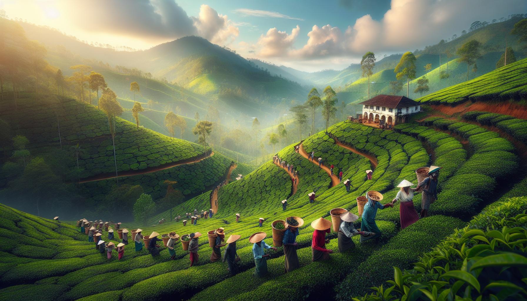 Tea plantation workers harvesting tea in lush green hills at sunrise