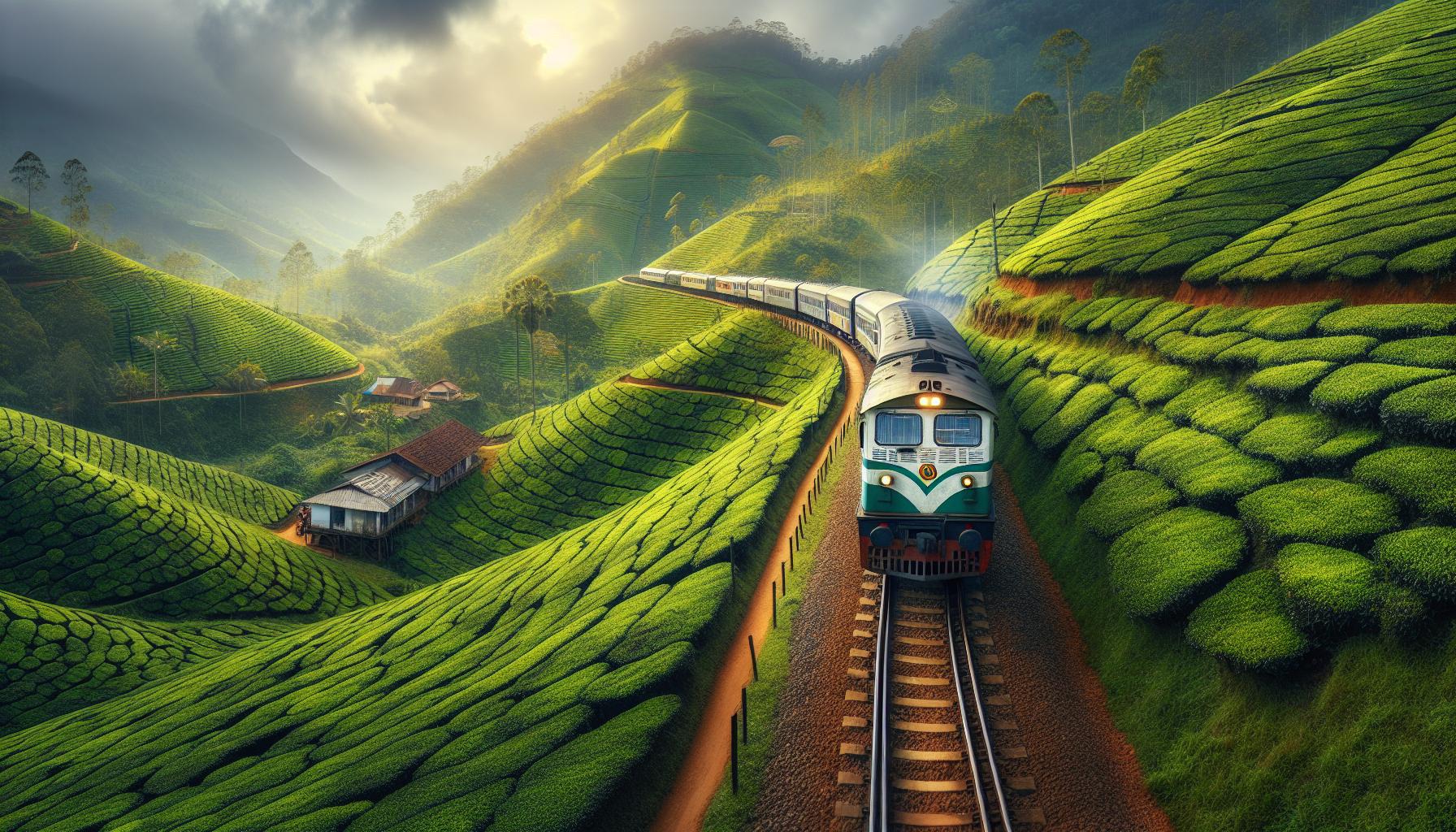 Train traveling through lush green tea plantations in mountainous landscape