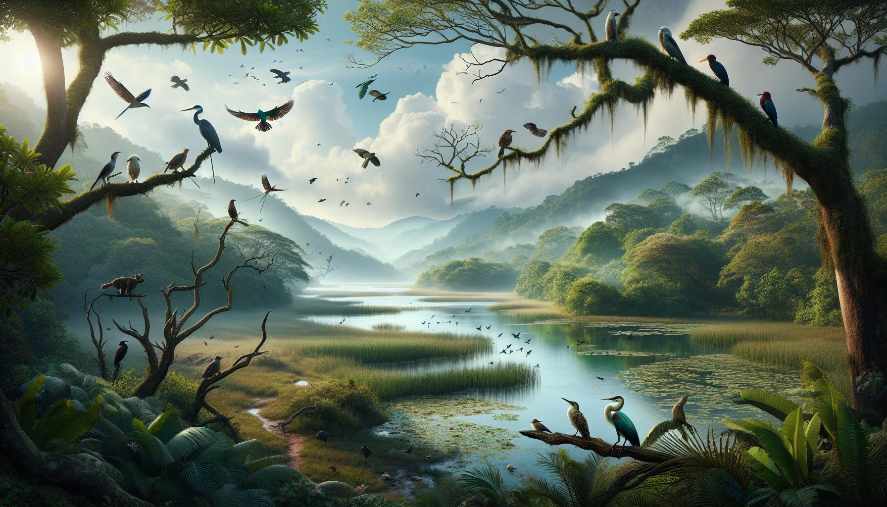 Tropical Wetland Scene with Diverse Birds and Lush Vegetation