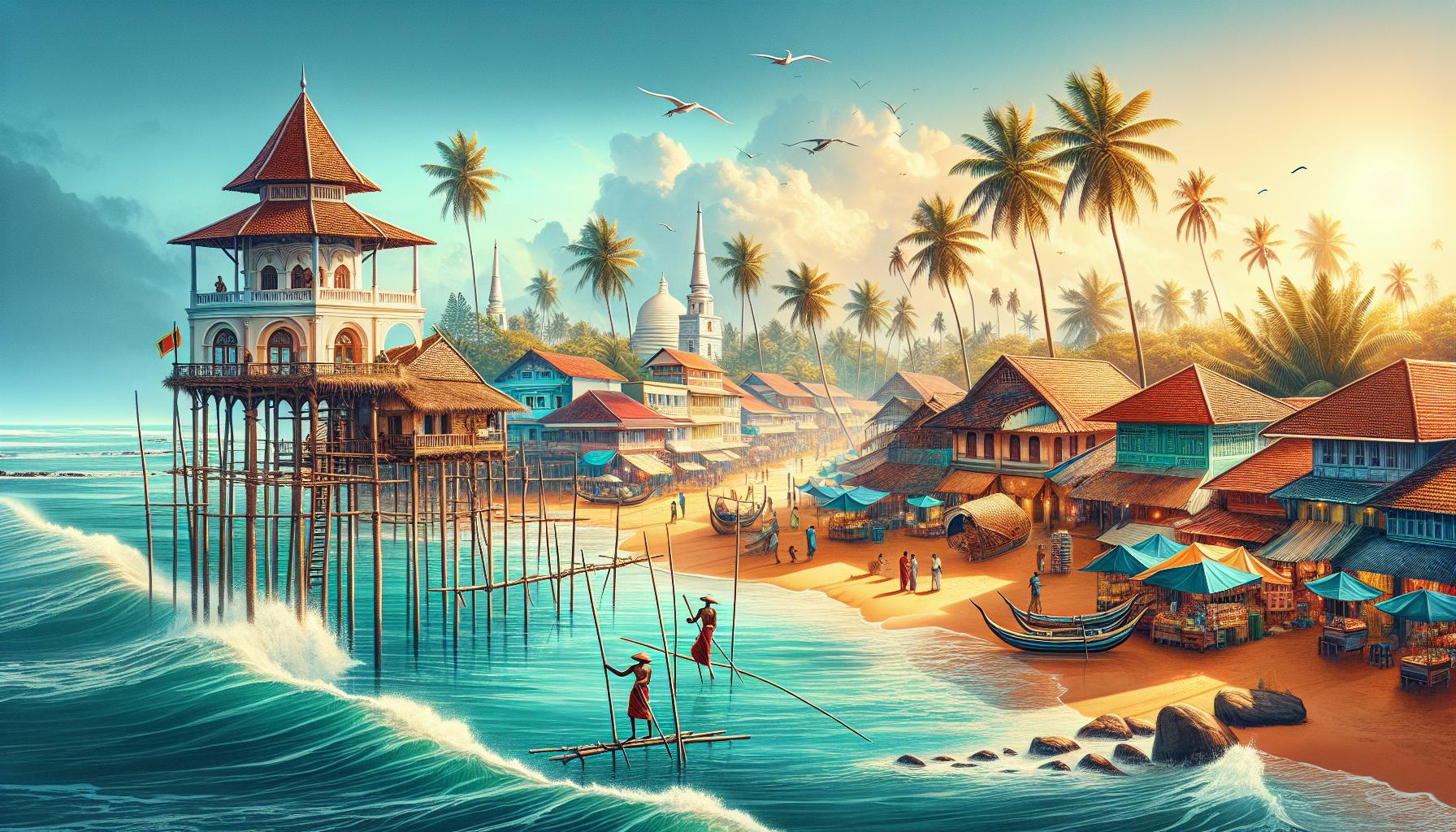 Tropical coastal village with stilt houses and fishermen at sunset