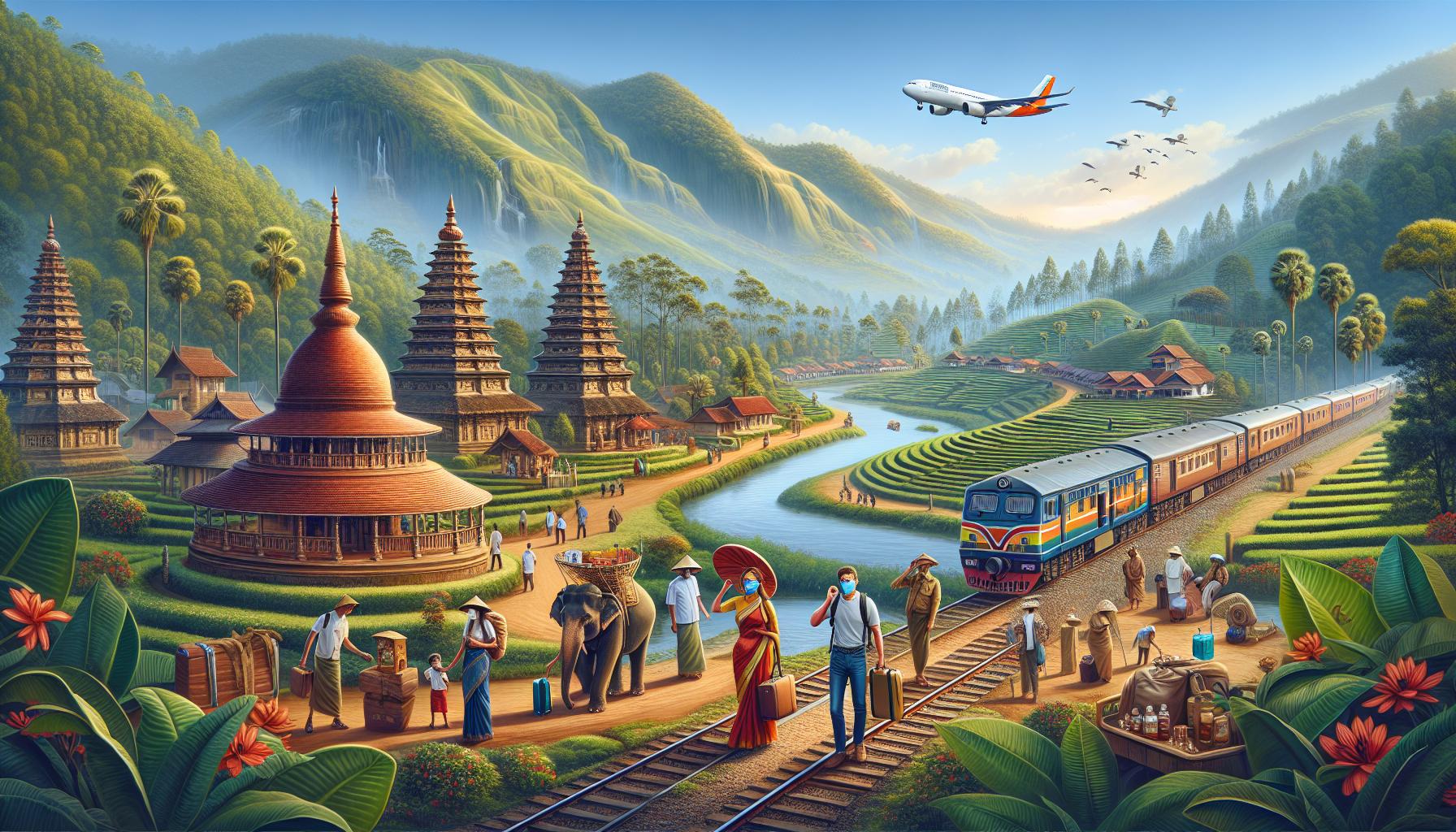 Tropical landscape with rice fields, traditional architecture, and train travel