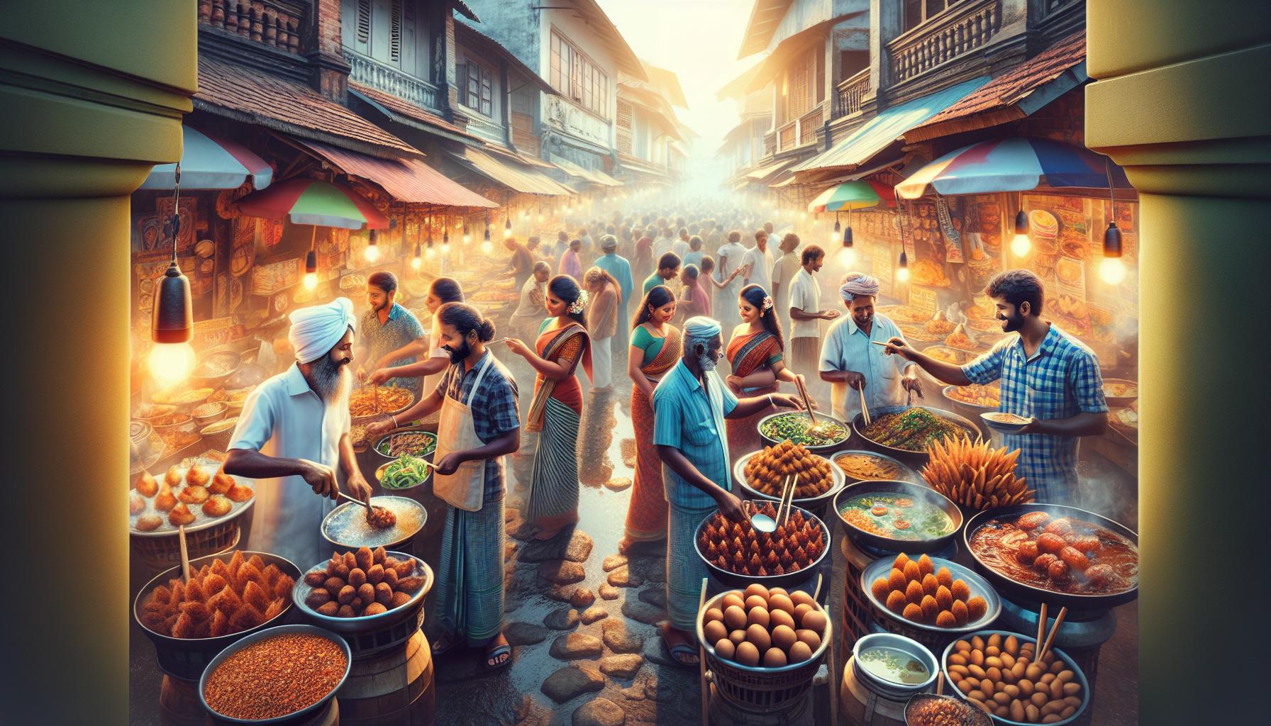 Vibrant street market scene with vendors selling traditional foods