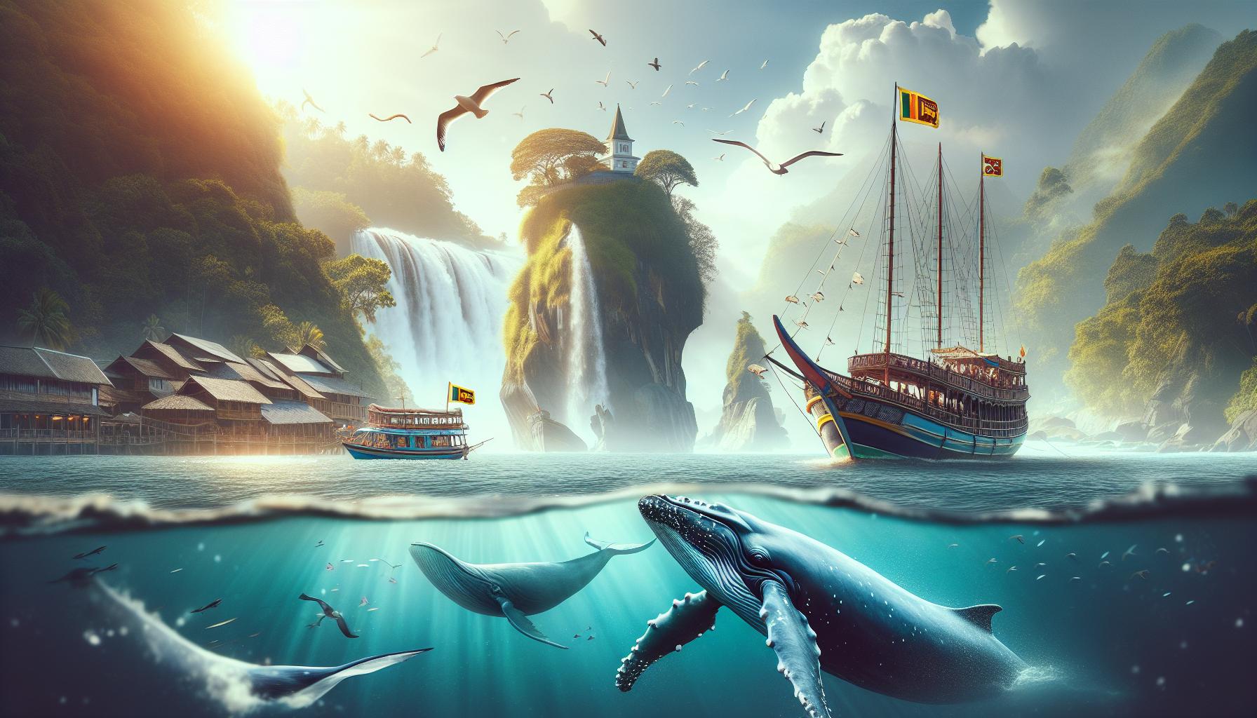 Whales swimming near a tropical landscape with waterfalls and boats