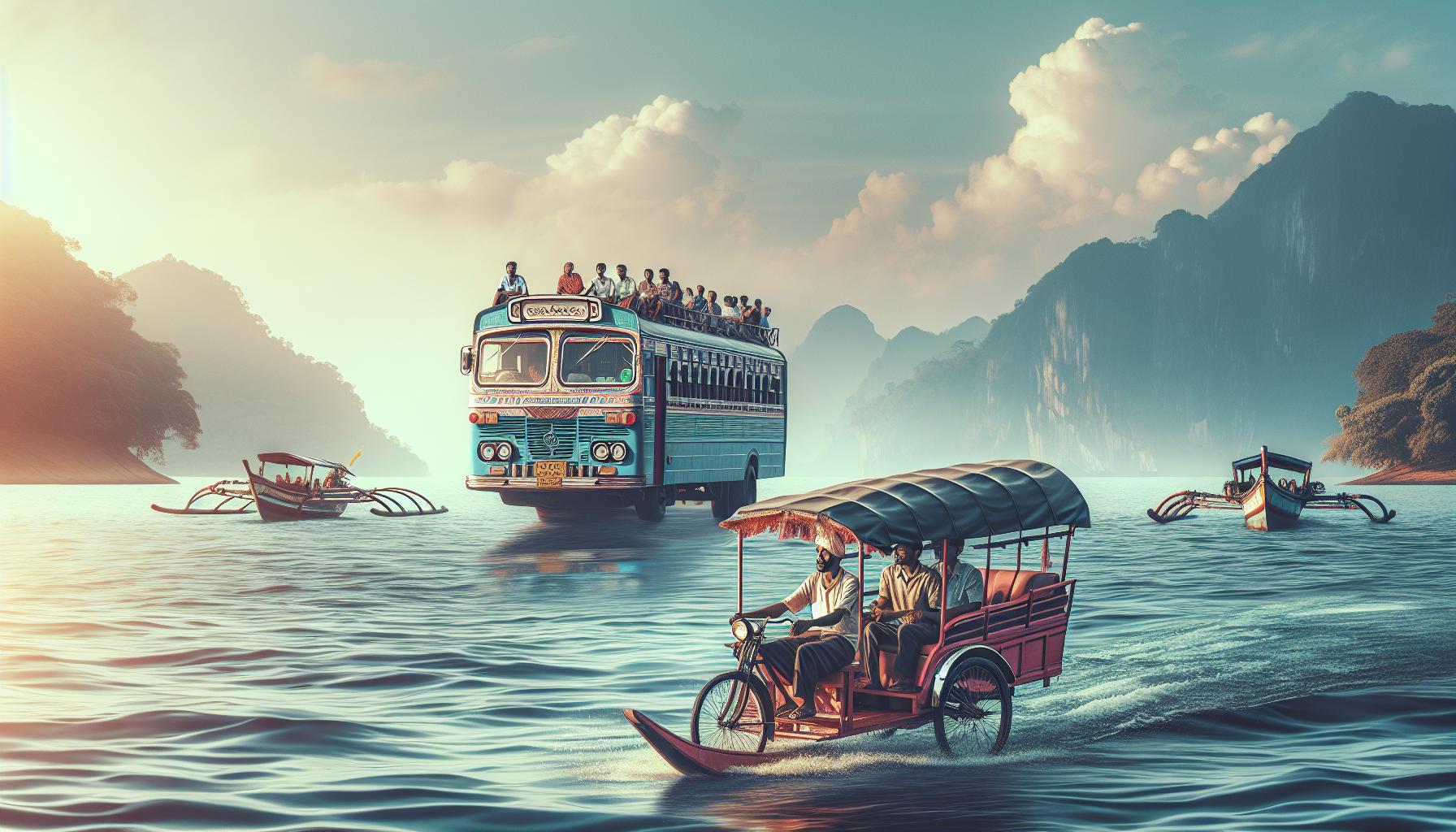 colorful bus and boats navigating tranquil waters with mountains in the background