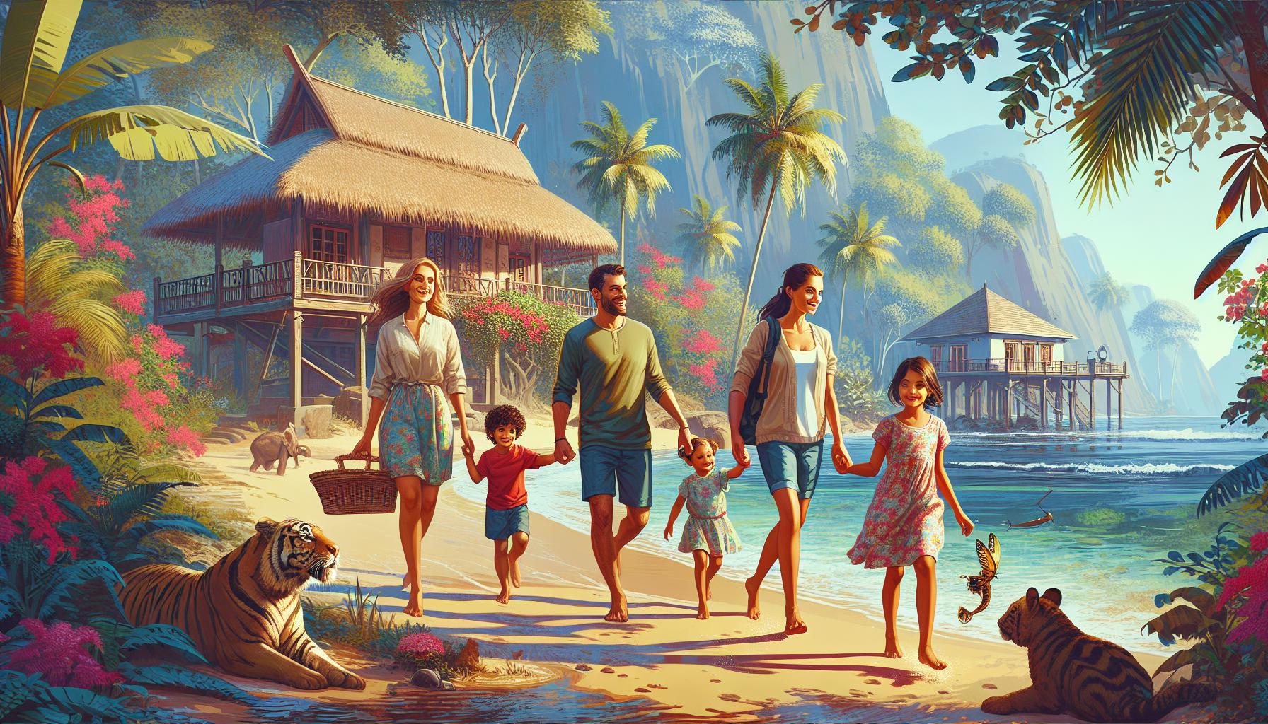 family-friendly beach scene with tropical surroundings and wildlife