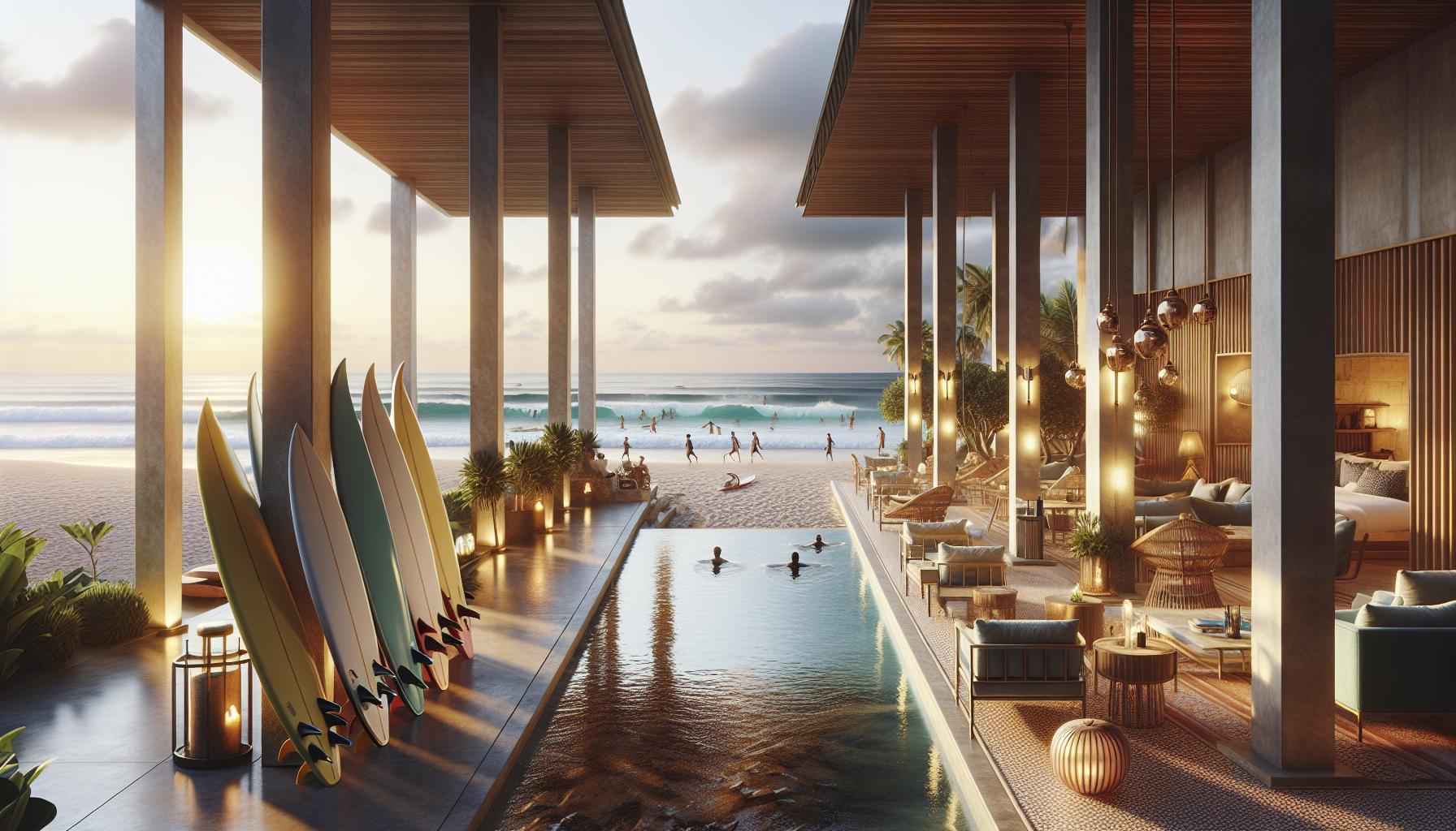 luxurious-beachfront-resort-with-surfer-at-sunset