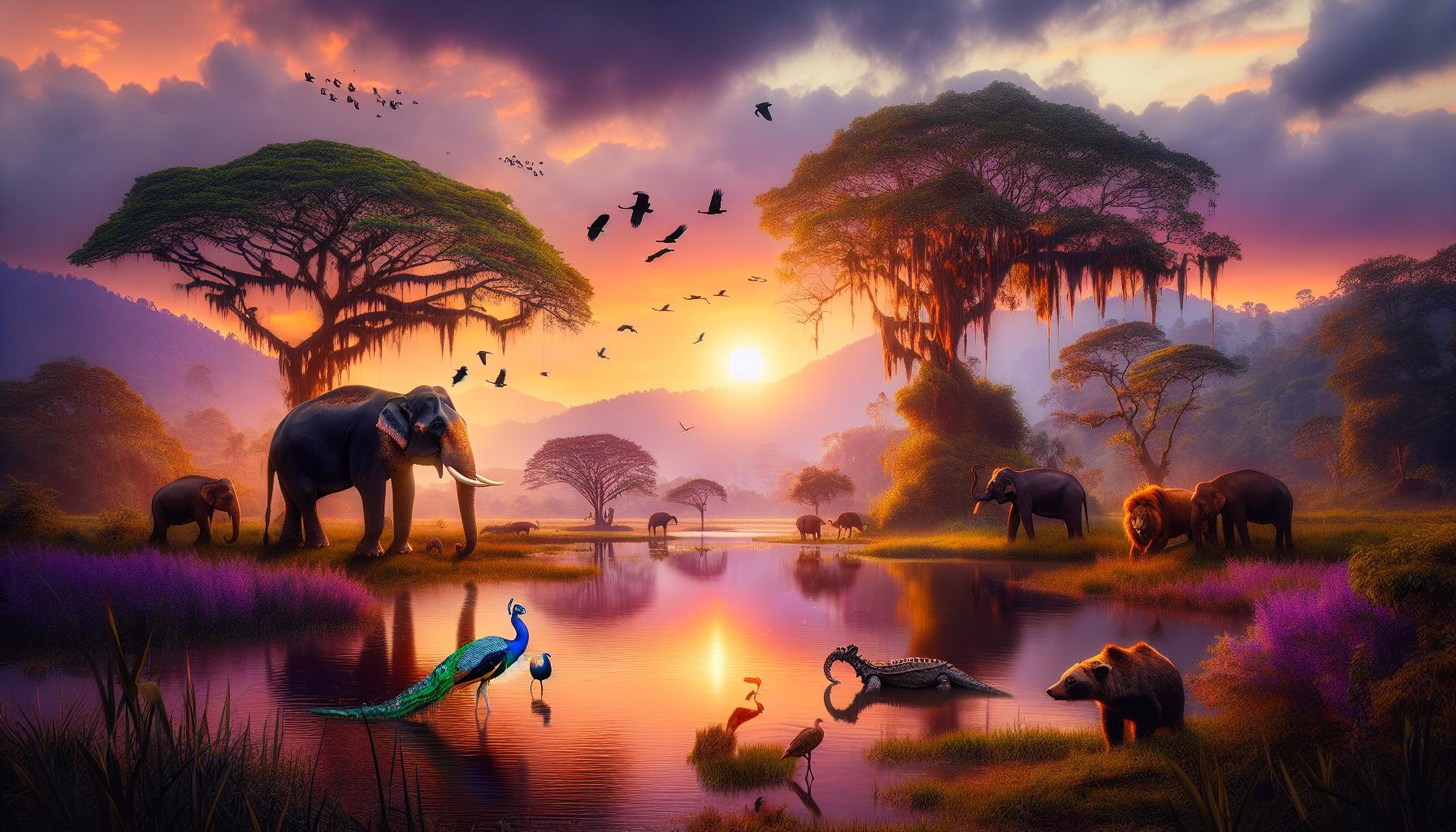 vibrant-sunset-safari-scene-with-elephants-peacock-and-wildlife